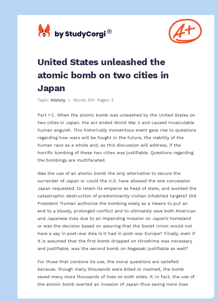 United States unleashed the atomic bomb on two cities in Japan. Page 1