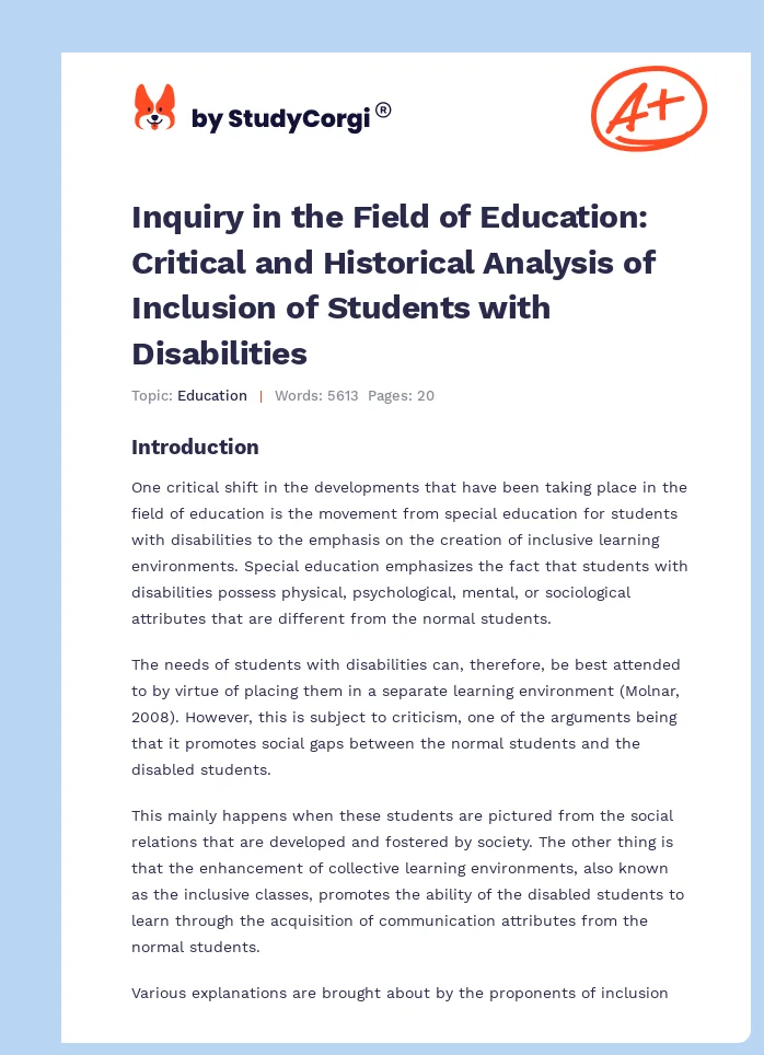 Inquiry in the Field of Education: Critical and Historical Analysis of Inclusion of Students with Disabilities. Page 1