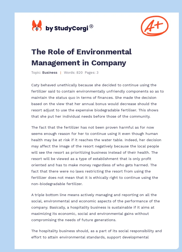 The Role of Environmental Management in Company. Page 1