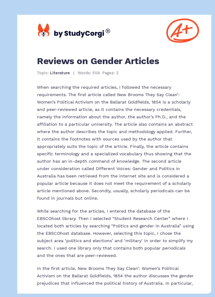 Reviews on Gender Articles. Page 1