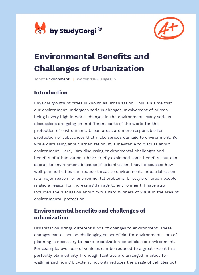 Environmental Benefits and Challenges of Urbanization. Page 1
