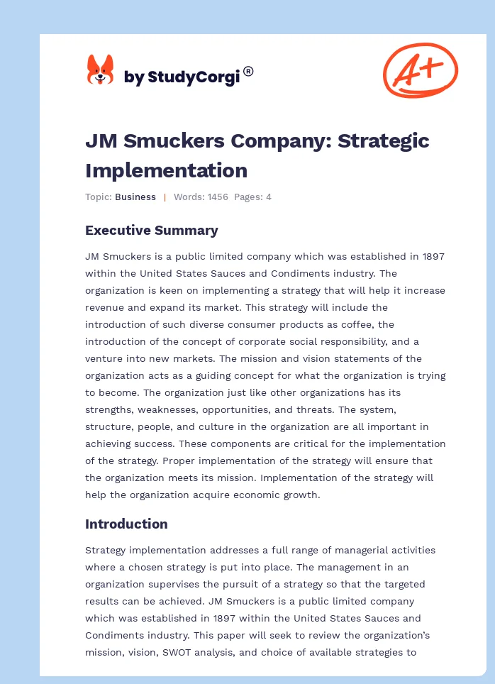 JM Smuckers Company: Strategic Implementation. Page 1