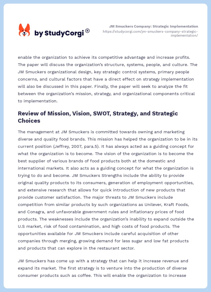 JM Smuckers Company: Strategic Implementation. Page 2