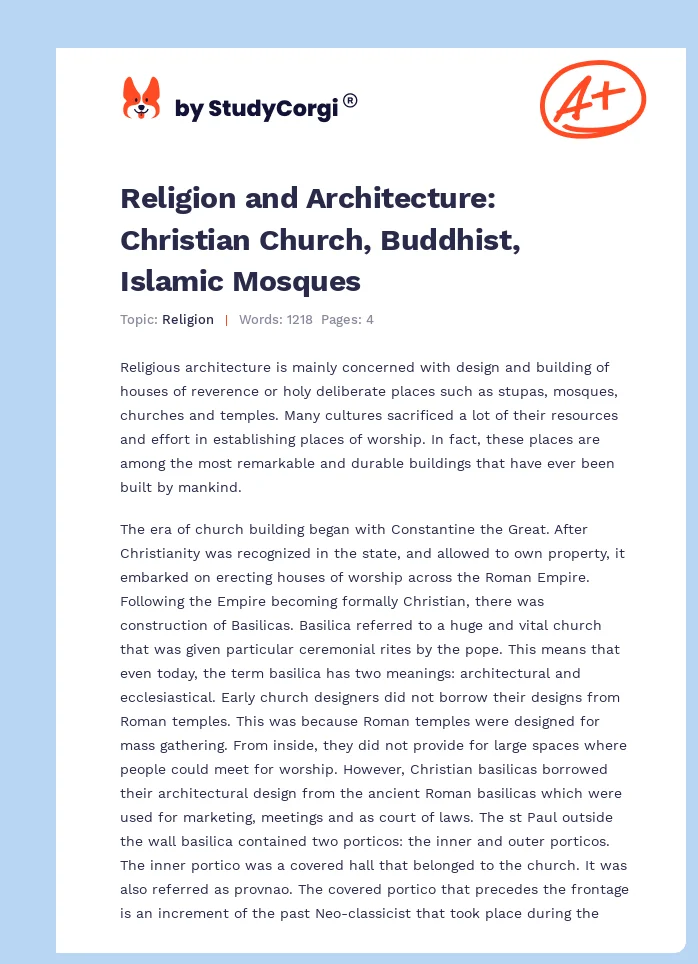 Religion and Architecture: Christian Church, Buddhist, Islamic Mosques. Page 1