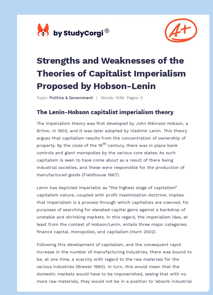 Strengths and Weaknesses of the Theories of Capitalist Imperialism Proposed by Hobson-Lenin. Page 1