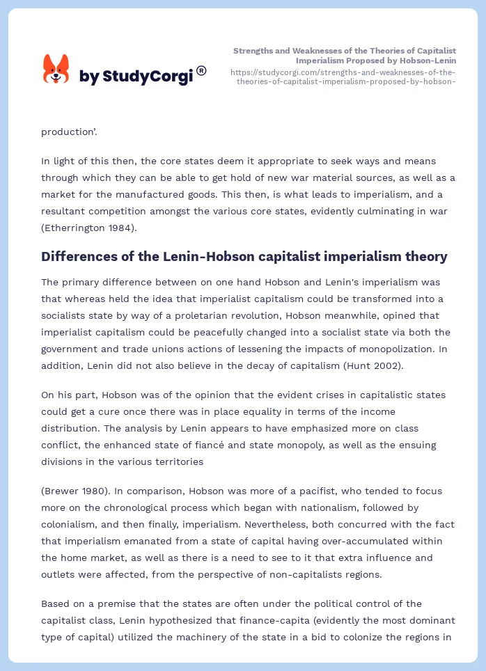 Strengths and Weaknesses of the Theories of Capitalist Imperialism Proposed by Hobson-Lenin. Page 2