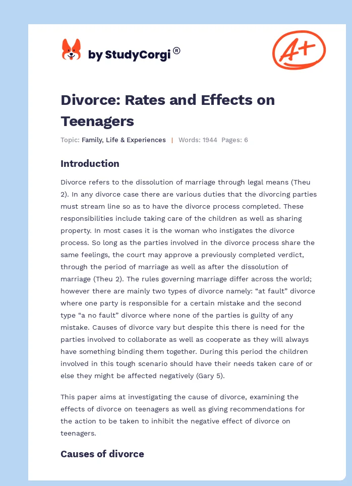 Divorce: Rates and Effects on Teenagers. Page 1