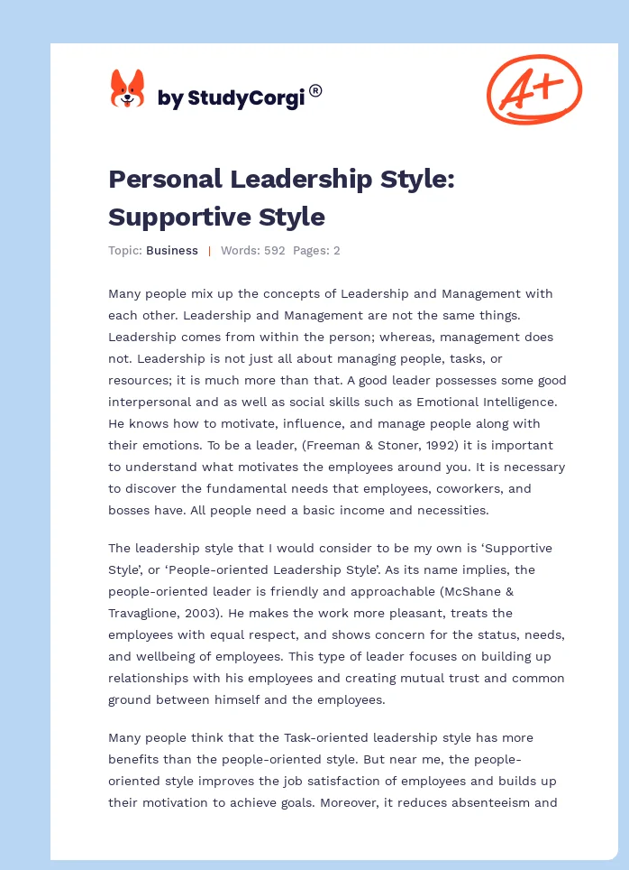 Personal Leadership Style: Supportive Style. Page 1