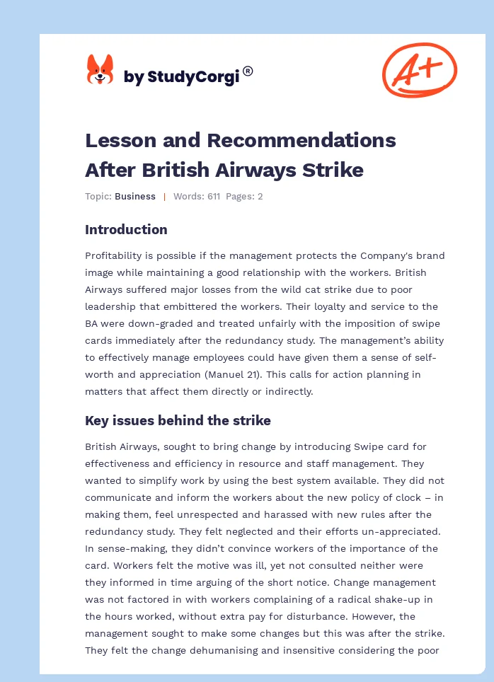 Lesson and Recommendations After British Airways Strike. Page 1