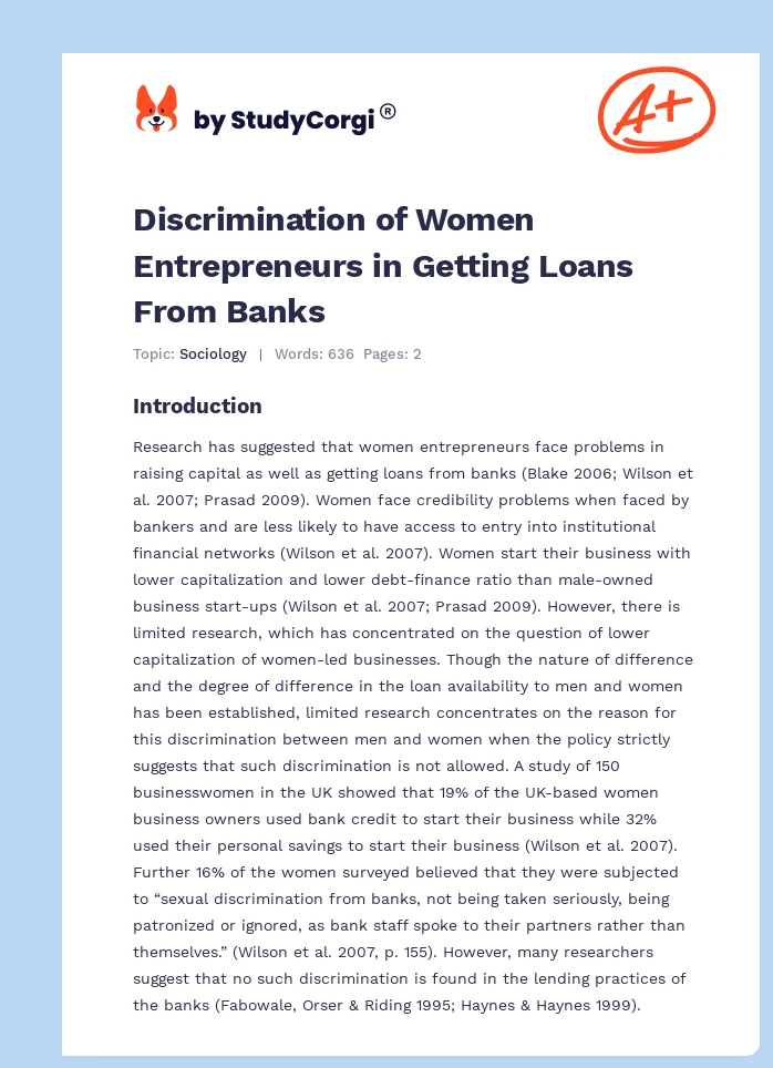 Discrimination of Women Entrepreneurs in Getting Loans From Banks. Page 1