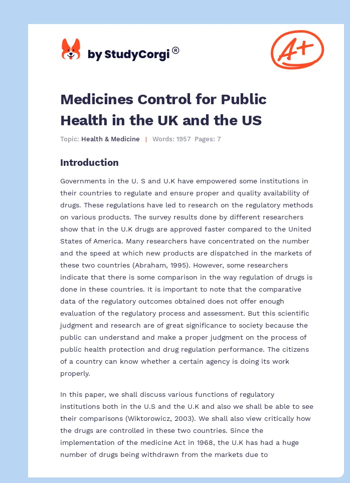 Medicines Control for Public Health in the UK and the US. Page 1