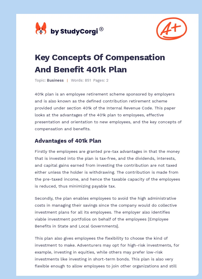 Key Concepts Of Compensation And Benefit 401k Plan. Page 1