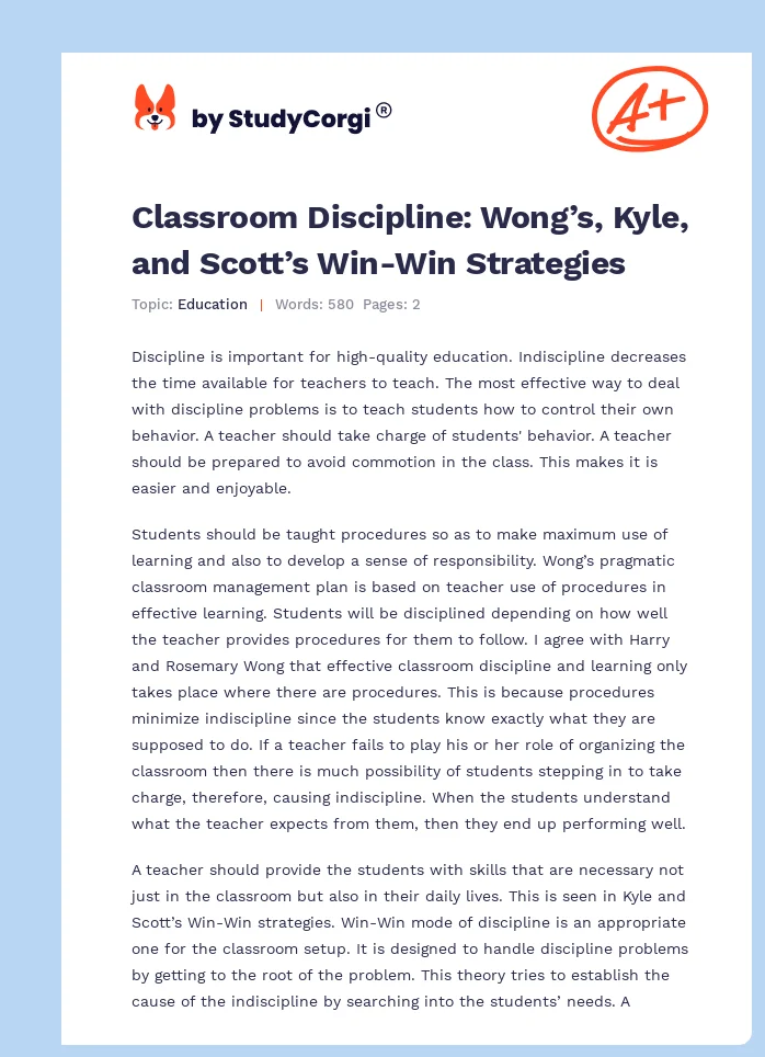 Classroom Discipline: Wong’s, Kyle, and Scott’s Win-Win Strategies. Page 1