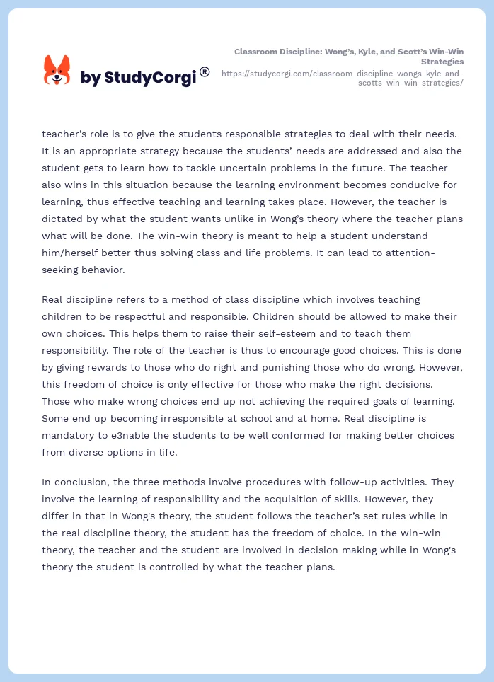 Classroom Discipline: Wong’s, Kyle, and Scott’s Win-Win Strategies. Page 2