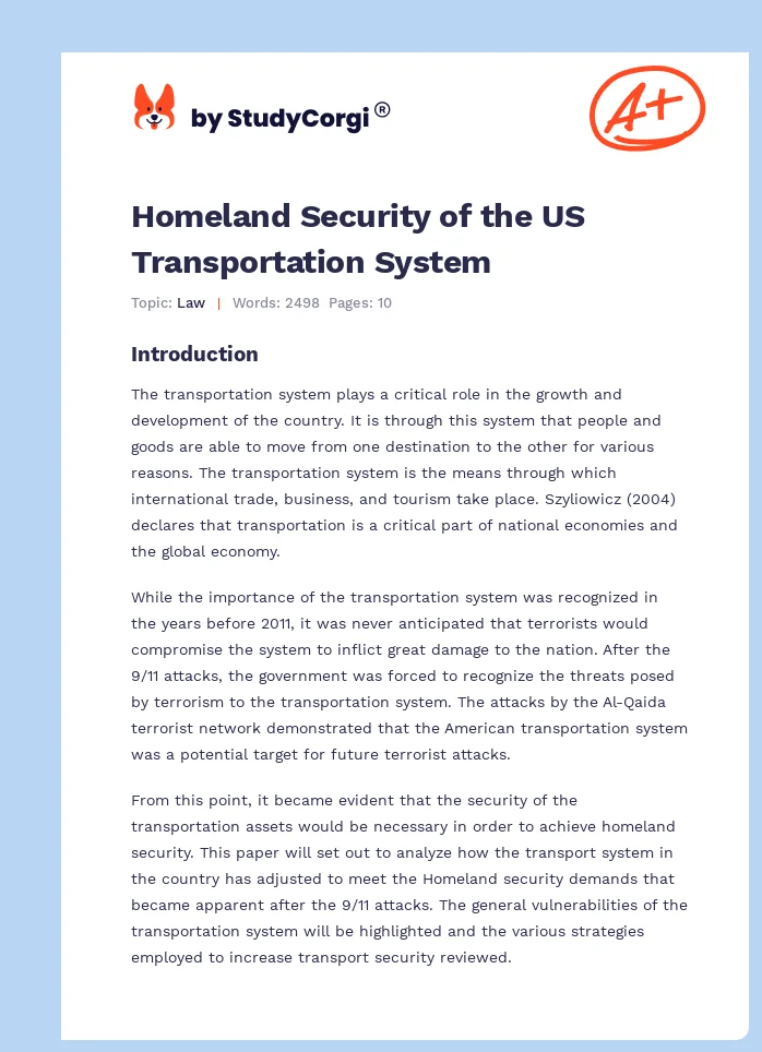 Homeland Security of the US Transportation System. Page 1