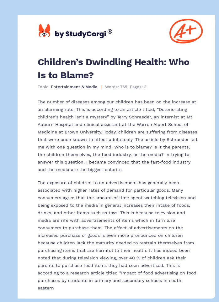 Children’s Dwindling Health: Who Is to Blame?. Page 1