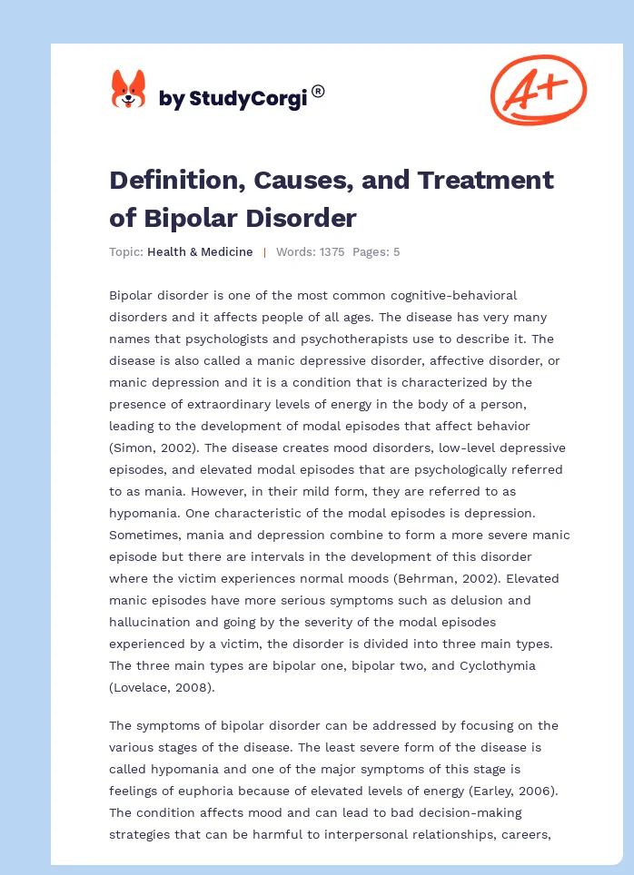 Definition, Causes, and Treatment of Bipolar Disorder. Page 1