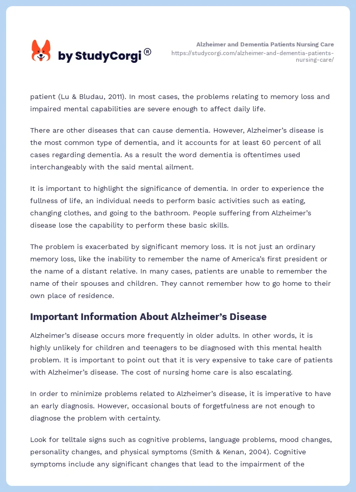 Alzheimer and Dementia Patients Nursing Care. Page 2