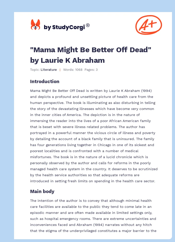 "Mama Might Be Better Off Dead" by Laurie K Abraham. Page 1