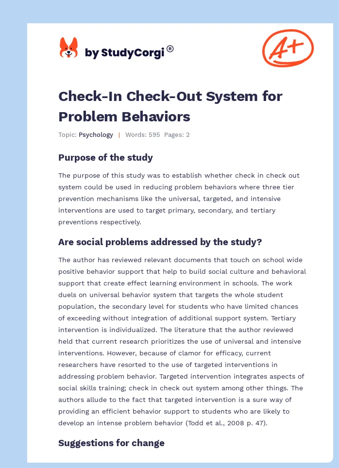 Check-In Check-Out System for Problem Behaviors. Page 1
