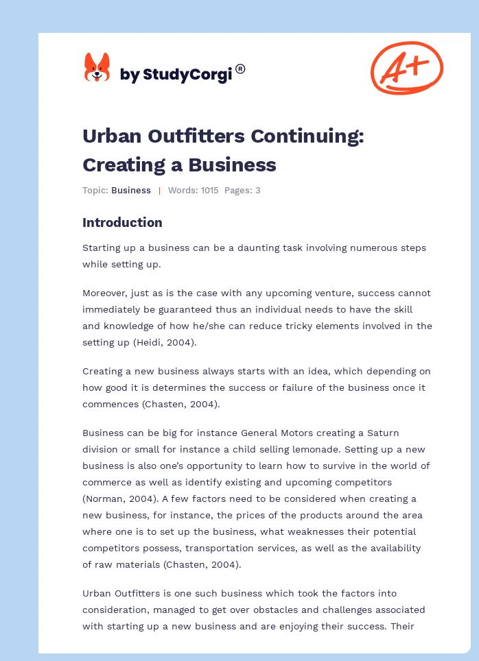 Urban Outfitters Continuing: Creating a Business. Page 1