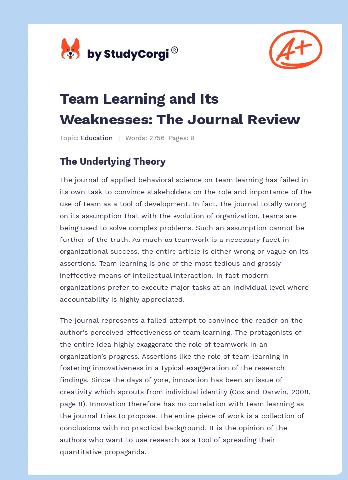 Team Learning and Its Weaknesses: The Journal Review. Page 1