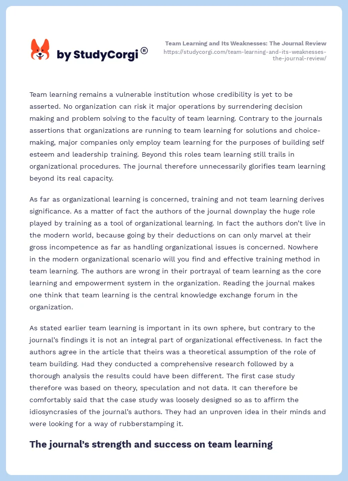 Team Learning and Its Weaknesses: The Journal Review. Page 2