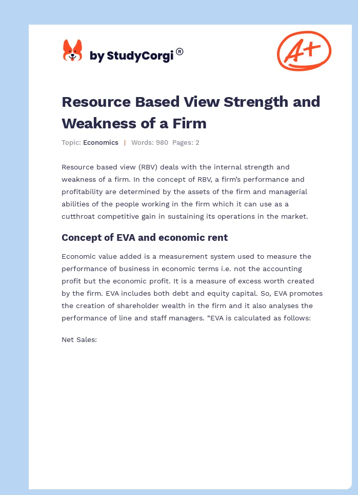 Resource Based View Strength and Weakness of a Firm. Page 1