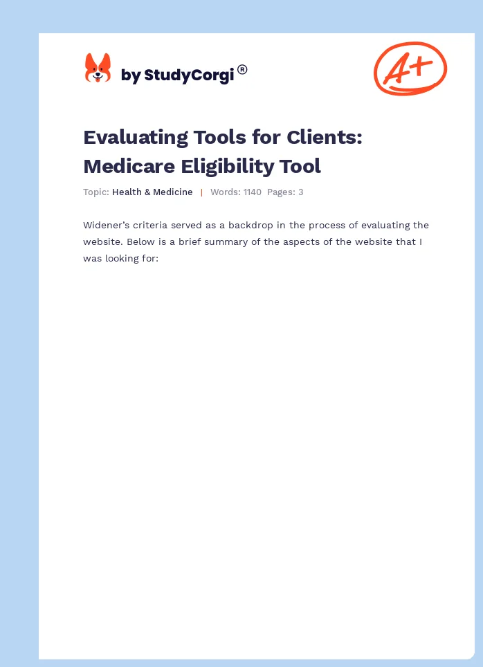 Evaluating Tools for Clients: Medicare Eligibility Tool. Page 1