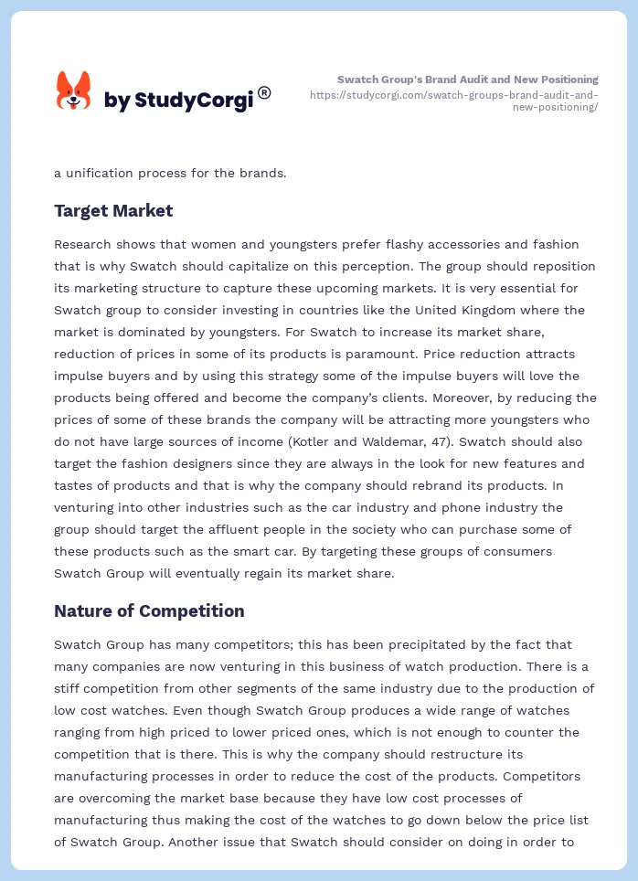 Swatch Group's Brand Audit and New Positioning. Page 2