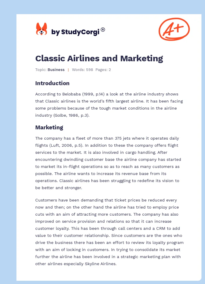 Classic Airlines and Marketing. Page 1