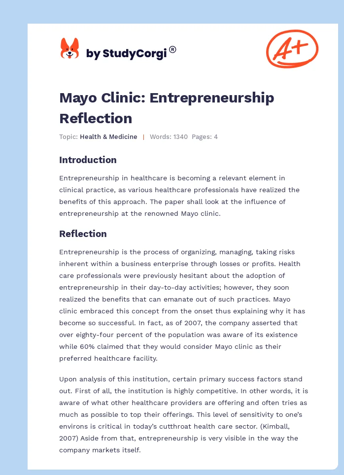 Mayo Clinic: Entrepreneurship Reflection. Page 1