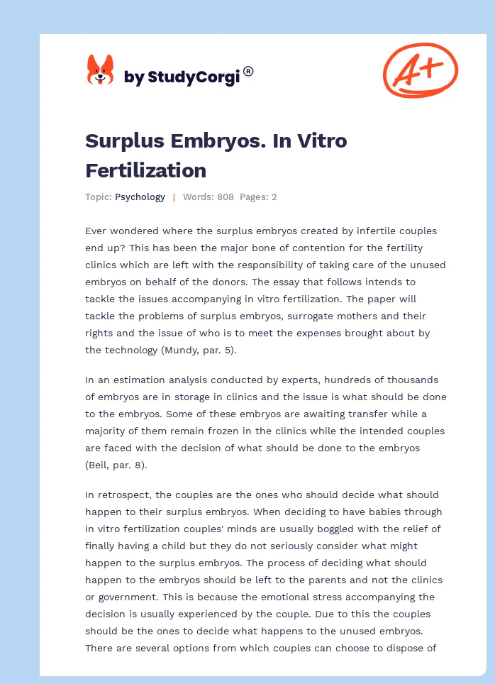 Surplus Embryos. In Vitro Fertilization. Page 1
