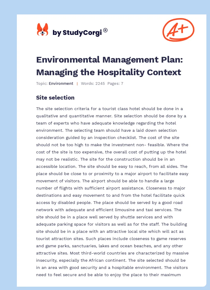 Environmental Management Plan: Managing the Hospitality Context. Page 1