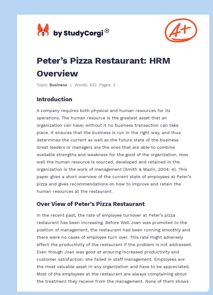 Peter’s Pizza Restaurant: HRM Overview. Page 1