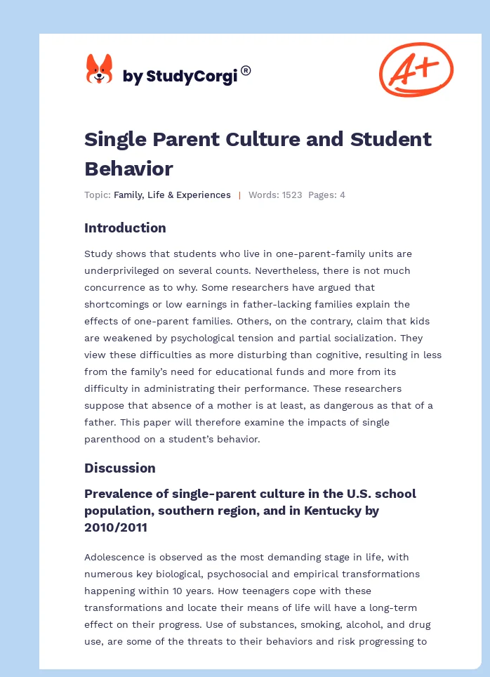 Single Parent Culture and Student Behavior. Page 1