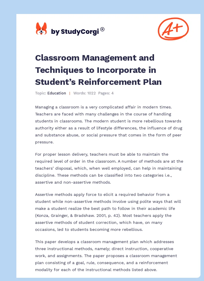 Classroom Management and Techniques to Incorporate in Student’s Reinforcement Plan. Page 1