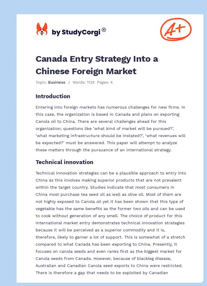 Canada Entry Strategy Into a Chinese Foreign Market. Page 1