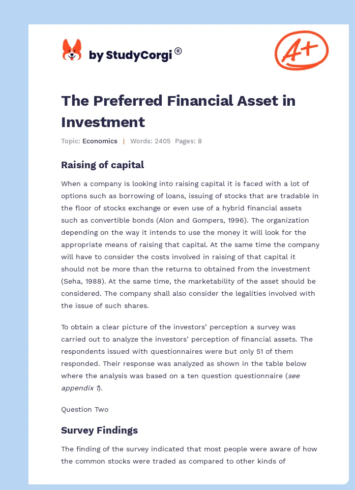 The Preferred Financial Asset in Investment. Page 1