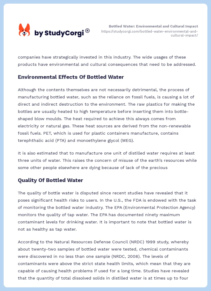 Bottled Water: Environmental and Cultural Impact. Page 2