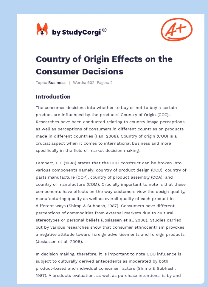 Country of Origin Effects on the Consumer Decisions. Page 1