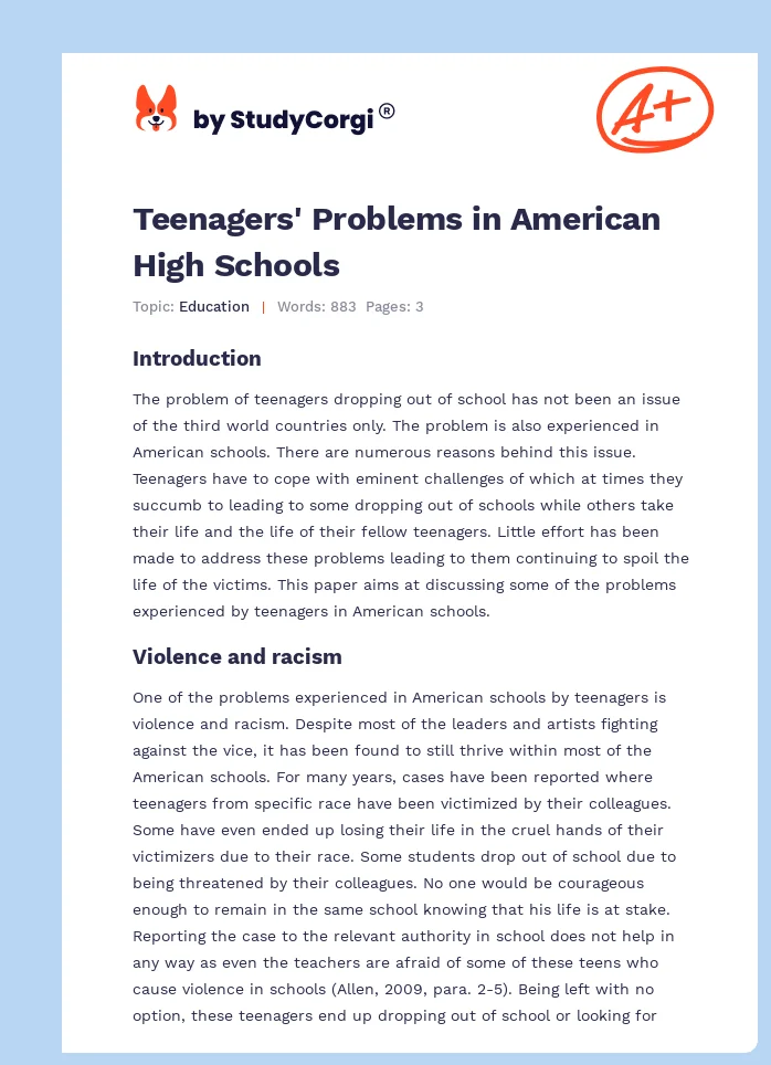 Teenagers' Problems in American High Schools. Page 1