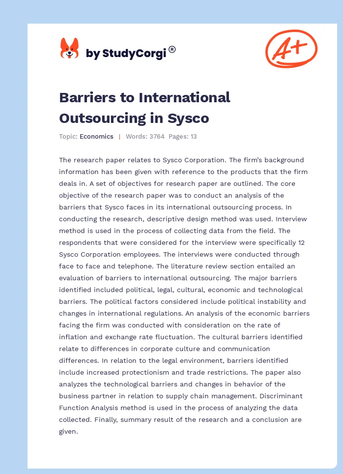 Barriers to International Outsourcing in Sysco. Page 1