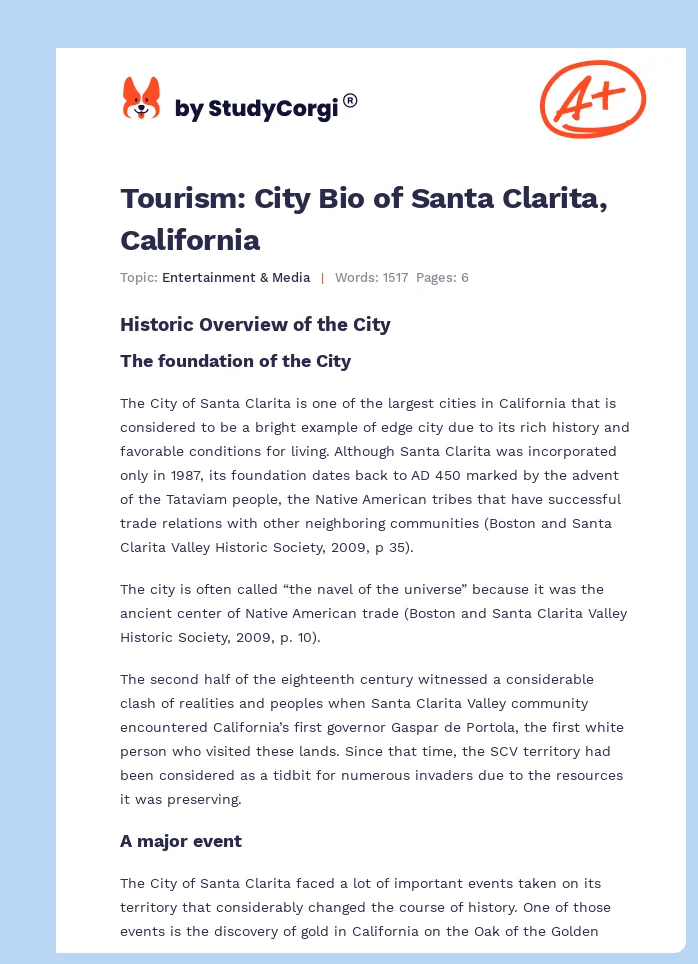 Tourism: City Bio of Santa Clarita, California. Page 1