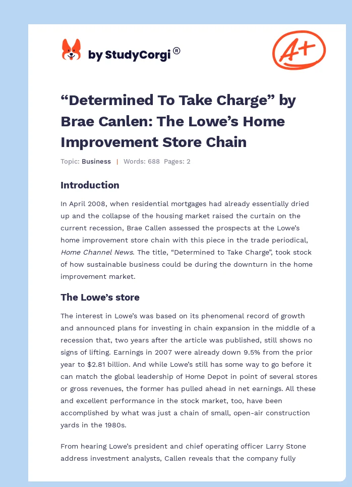 “Determined To Take Charge” by Brae Canlen: The Lowe’s Home Improvement Store Chain. Page 1