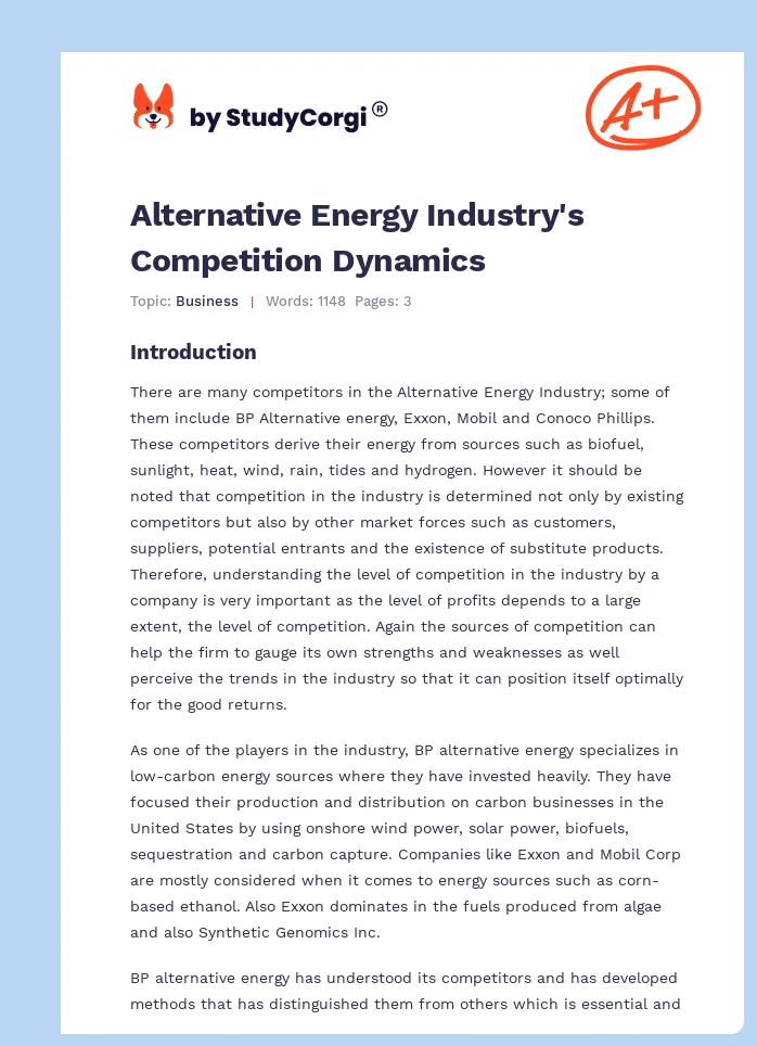 Alternative Energy Industry's Competition Dynamics. Page 1