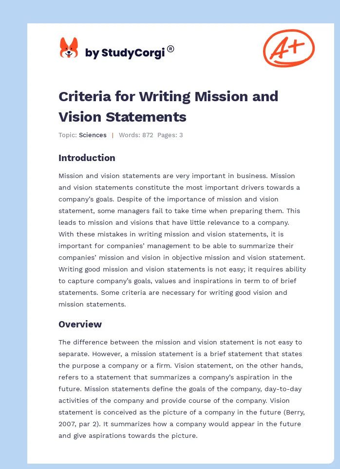 Criteria for Writing Mission and Vision Statements. Page 1
