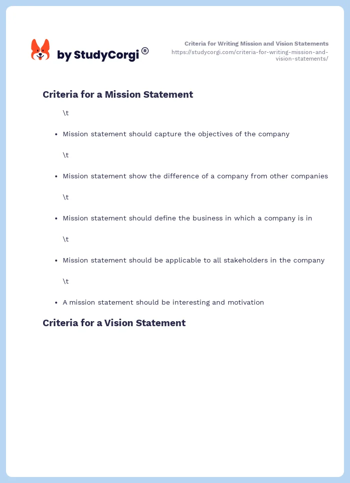 Criteria for Writing Mission and Vision Statements. Page 2
