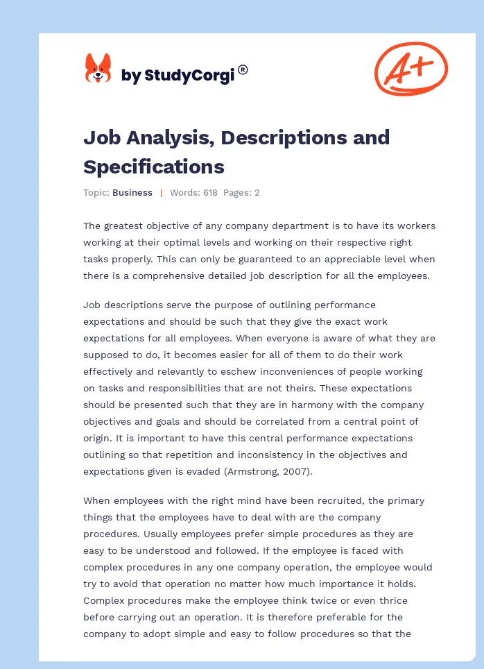 Job Analysis, Descriptions and Specifications. Page 1