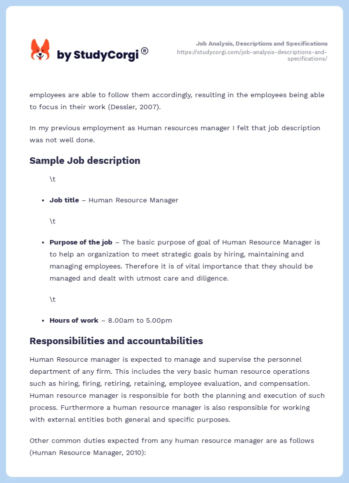 Job Analysis, Descriptions and Specifications. Page 2